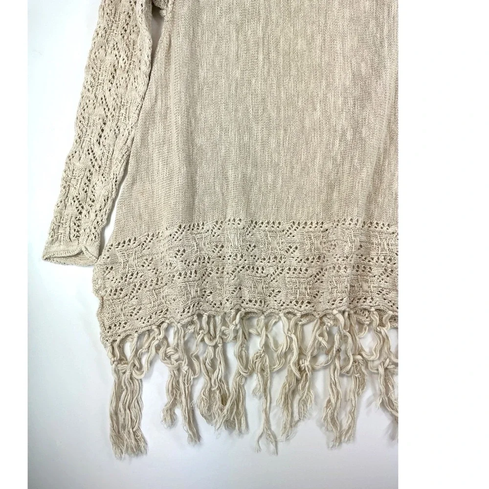Vintage America Blues‎ Women's M Beige Hooded Tunic Sweater Fringe Festival Boho